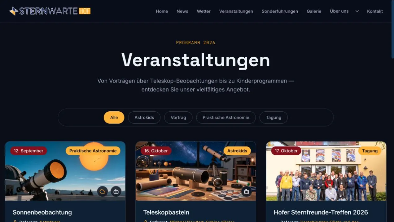 Veranstaltungsübersicht der Sternwarte Hof